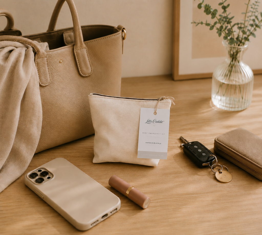 Little Caddie Co Mini Baby Emergency Kit alongside everyday essentials, ready to grab before heading out.