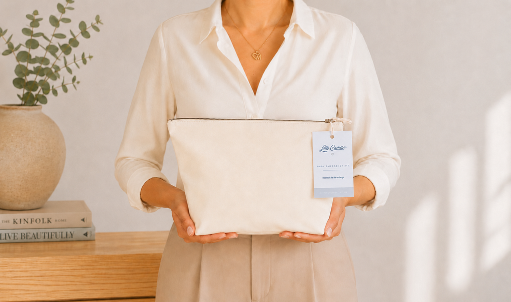 Little Caddie Co Complete Baby Emergency Kit held ready for parents on the go.