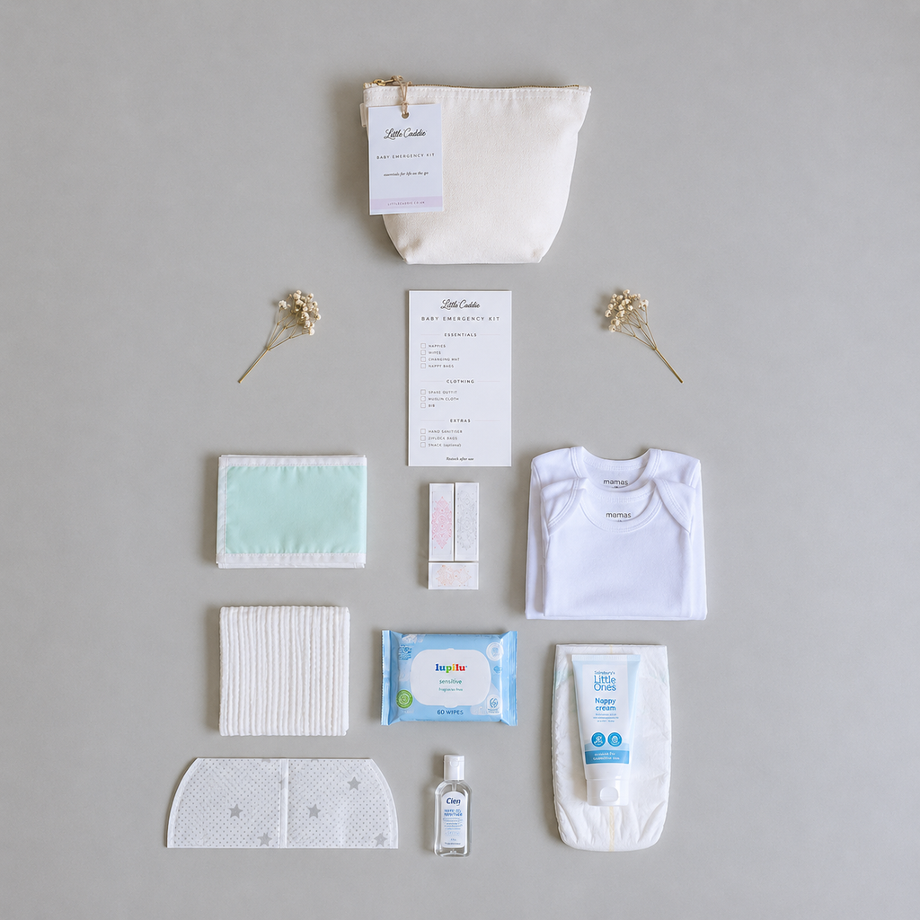 Little Caddie Co Everyday Baby Emergency Kit with everyday essentials neatly displayed.